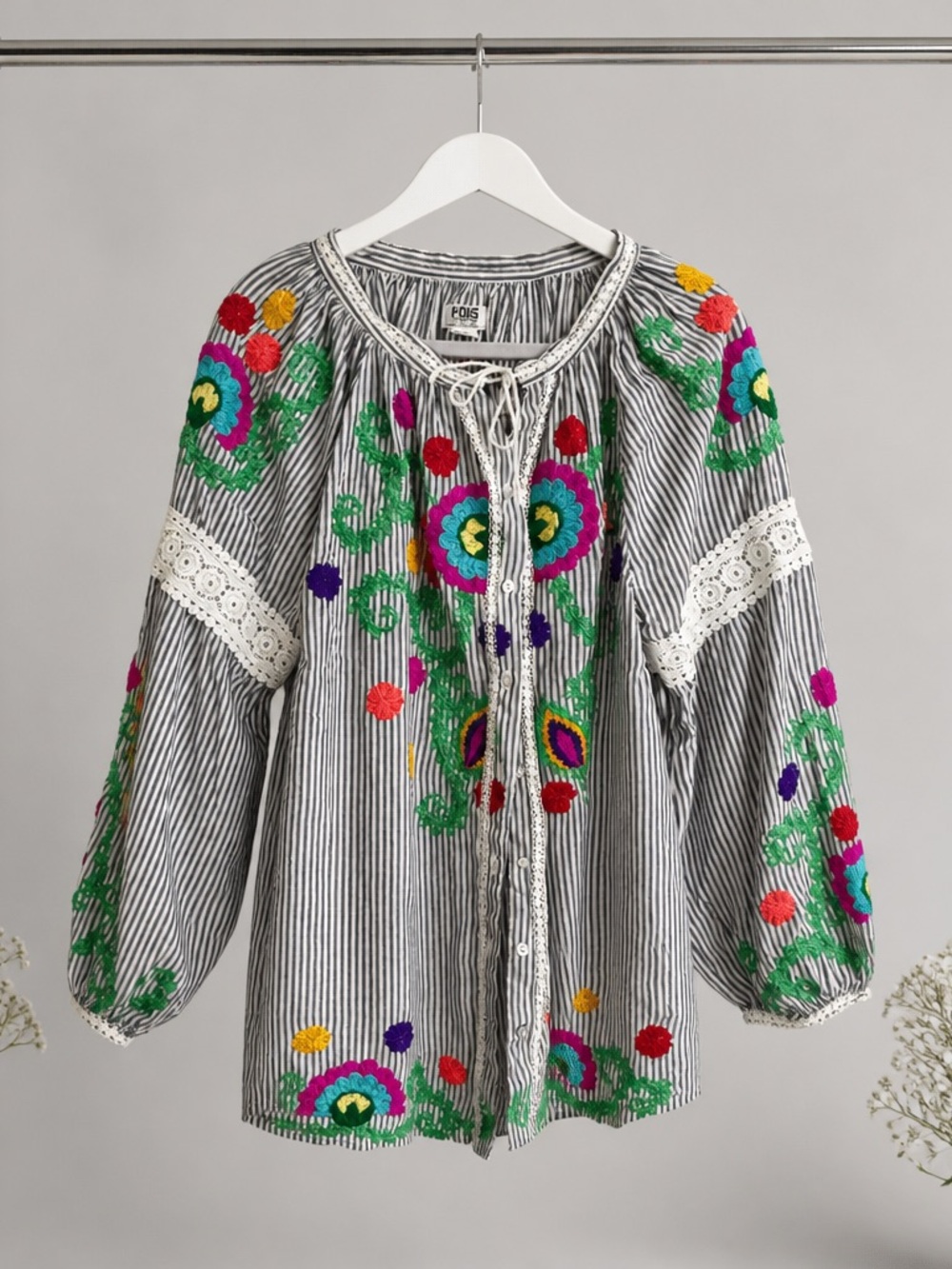Boho Embroidered Peasant Blouse - Black Stripe with Multicolor Floral